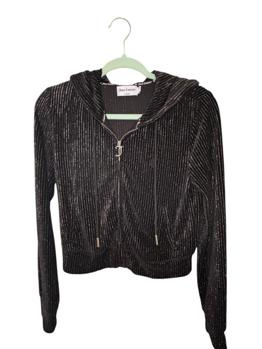 Juicy Couture Black Metallic Ribbed Velour Zip Hoodie Cropped Size S Y2K